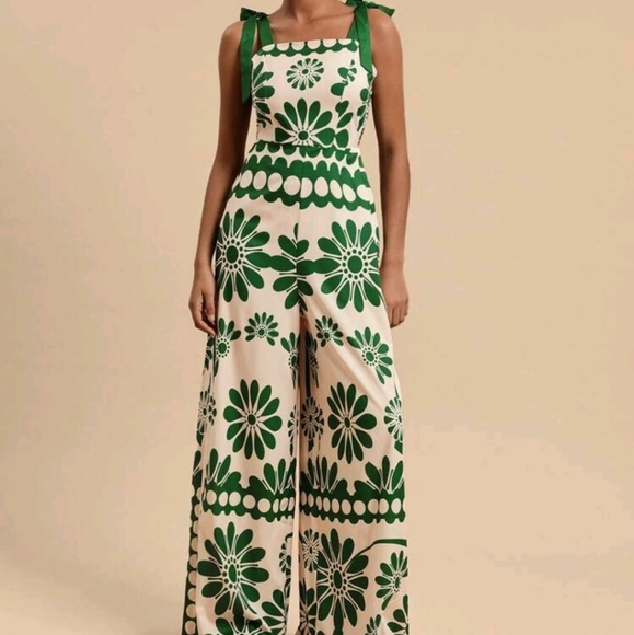 Pants - Women's Floral Print Tied Shoulder Wide Leg Jumpsuit, Vacation Wear